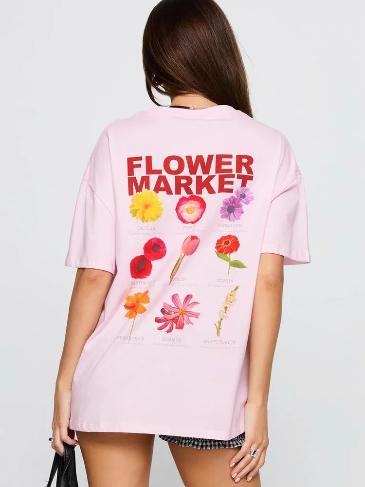 JHYF American Retro Hand-drawn Floral Print Loose Short-sleeved T-shirt Women's Fun Summer Casual Cotton round Neck Top
