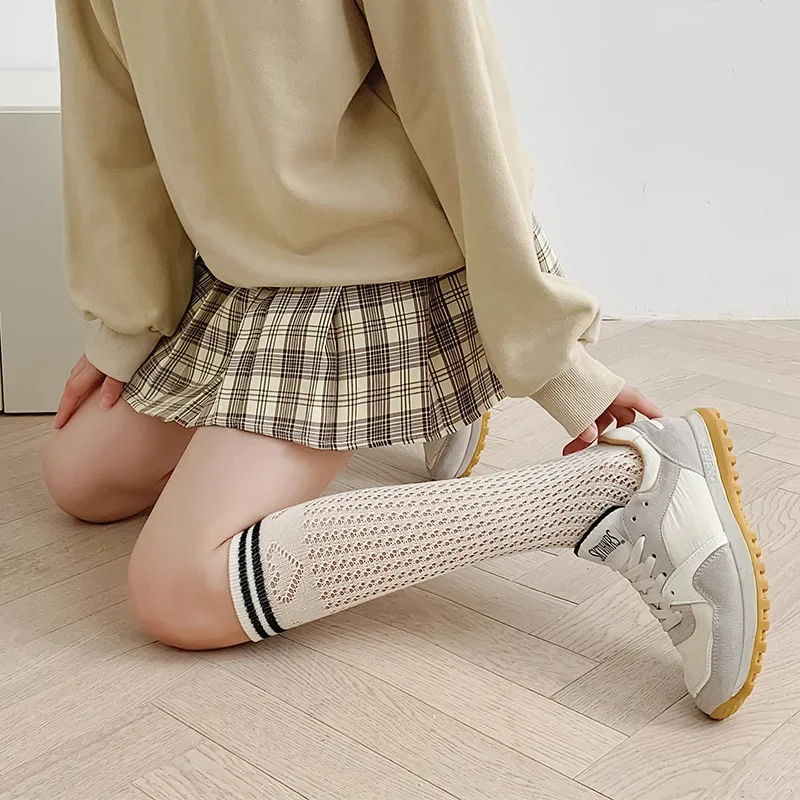 Women Hollowing Out Lace Mesh Fishnet Stockings JK Lolita Long Socks Stockings White Beige Knees Sock Stocking Hosiery Wholesale