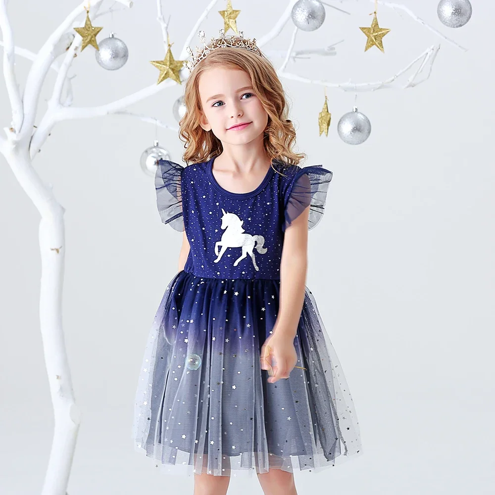 DXTON Girls Clothes 2022 New Summer Princess Dresses Flying Sleeve Kids Dress Unicorn Party Girls Dresses Children Clothing 3-8Y