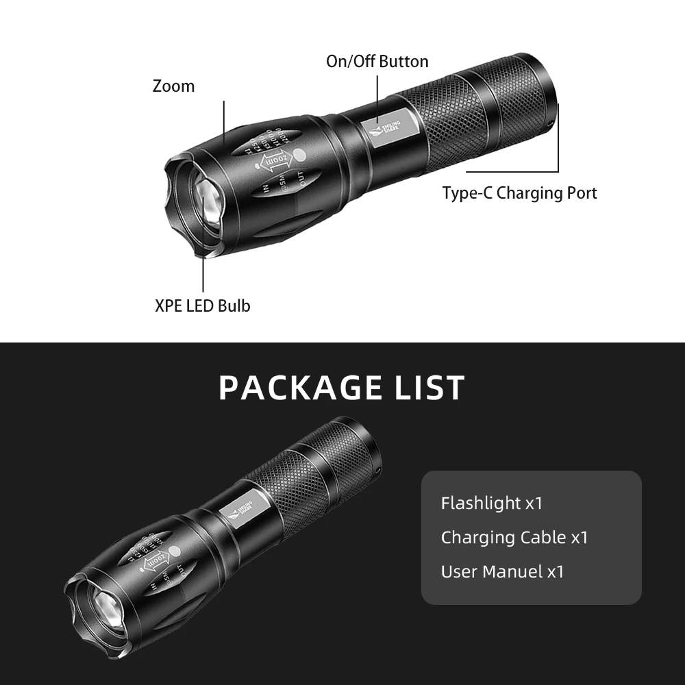 Lampe de poche Smilingshark SD-1003-WY, lampe de poche Super lumineuse et à luminosité réglable, lampe de poche Rechargeable pour urgence, Campi