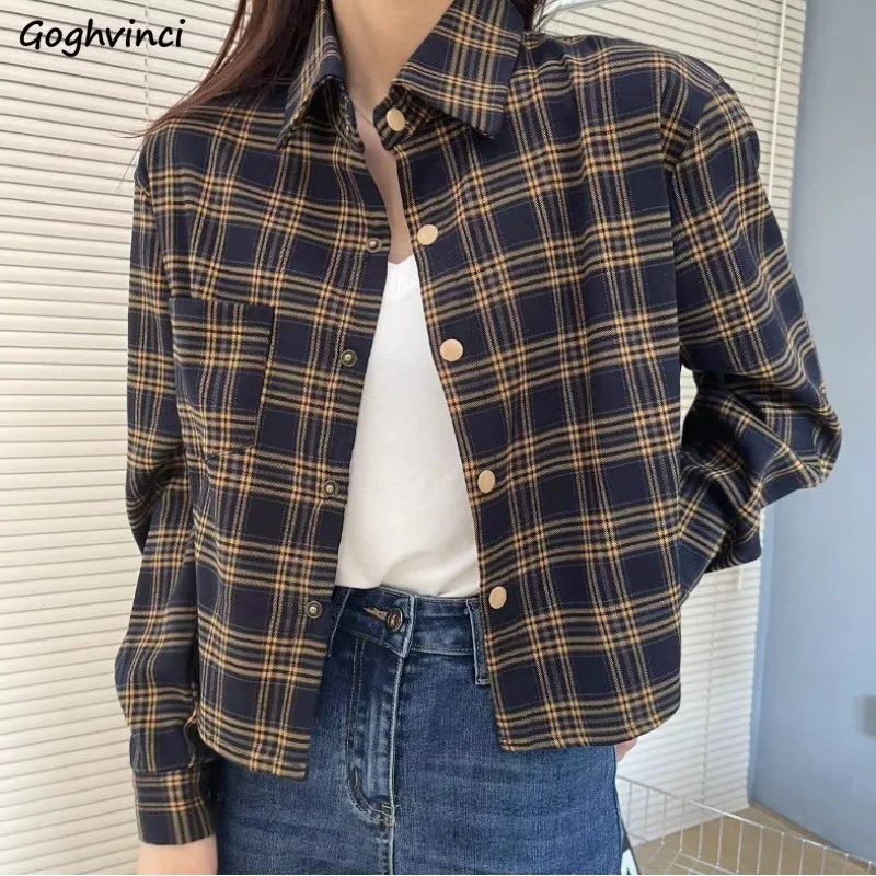 

Woolen Shirts Women Long Sleeve Plaid Vintage Basic Tops Students Preppy Autumn Winter All-match Graceful Female Chic Korean New