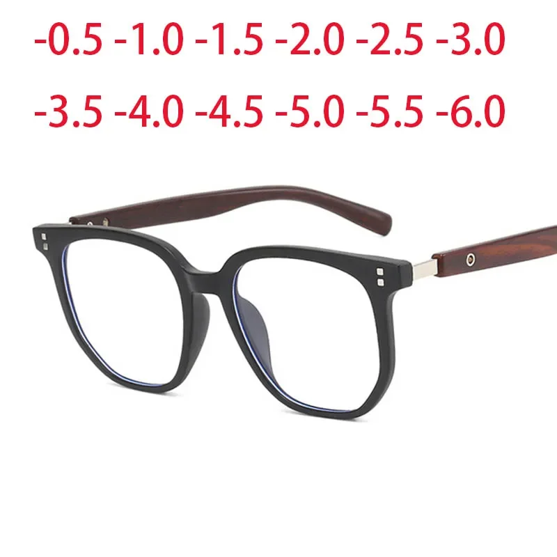 Square Men's Myopia Eyeglasses with Wood Grain Legs and Metal Rivets Short Sight Eyewear 0 -0.5 -1 -1.25 -1.5 -1.75 -2.0 To -6