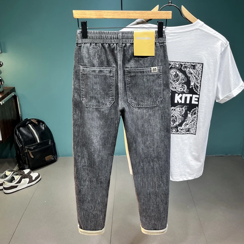 Spring and Summer Jeans Men's Trendy High Street Slim Fit Skinny Fashion Street All-Match Stretch Casual Crop Jeans