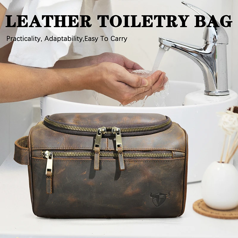 Vintage Top Quality Crazy Horse Leather Handmade Travel Make Up Washroom Toiletry Bag for Women Men - Dopp Kit - Shaving Kit 776