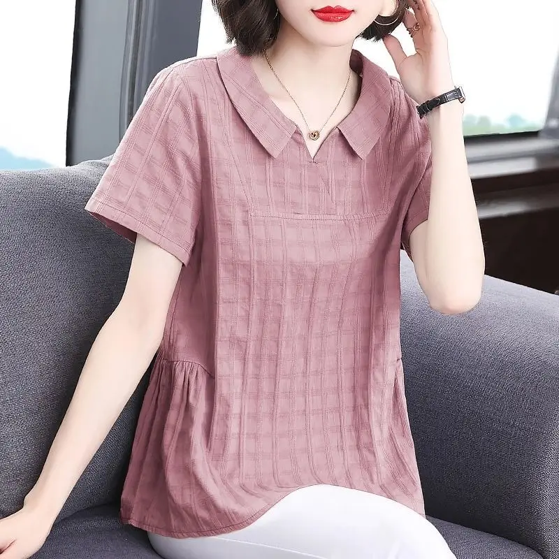 2024 Summer Women Korean Fashion Plaid Elegant Blouse Casual Solid Loose Cotton Shirt Simple Short Sleeve Tops Blusas Para Mujer