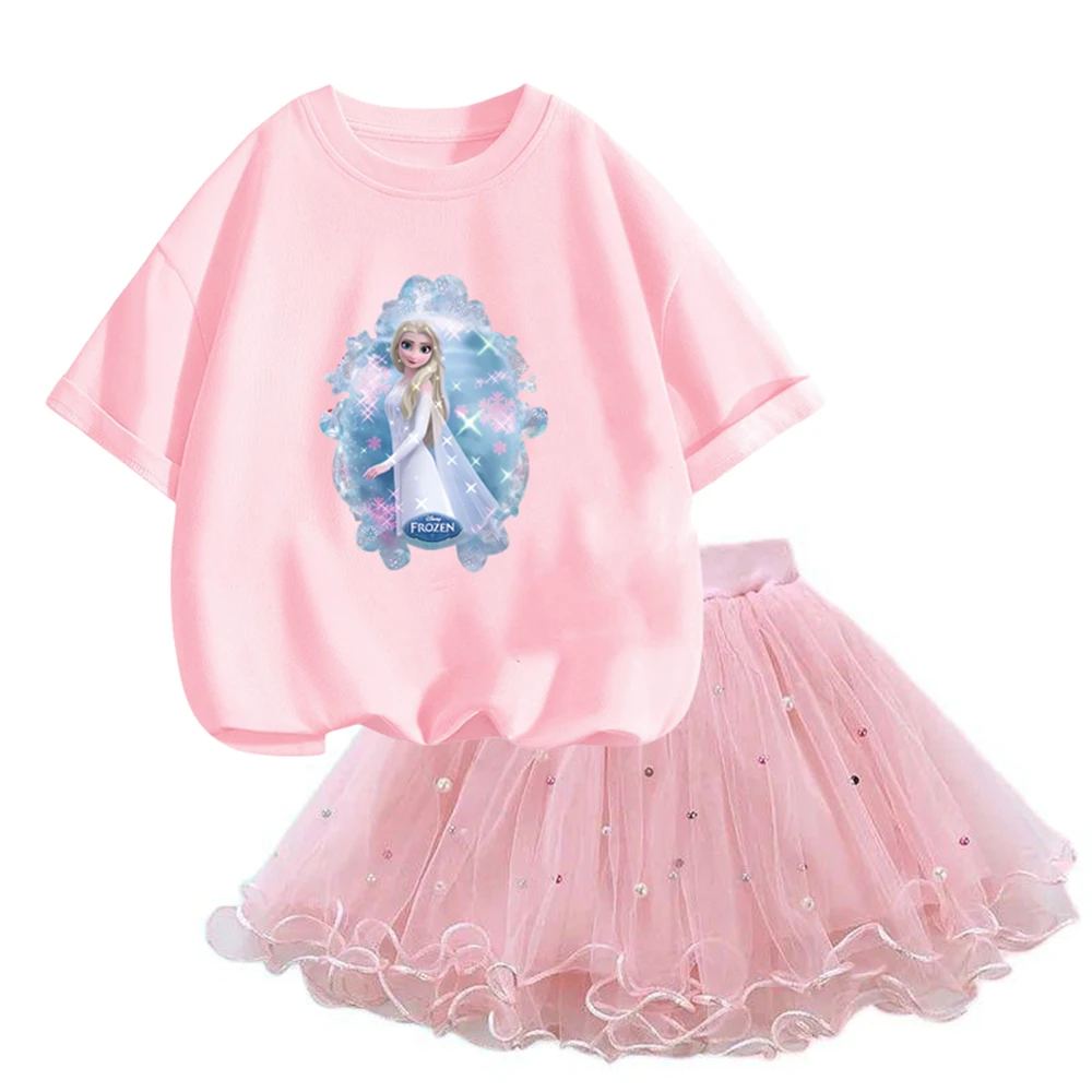 Summer 3-14 years Girls Frozen Clothing Elsa T Shirt& mesh Tutu Skirt Two Piece Set Fashion Korean Children Clothes Outfits