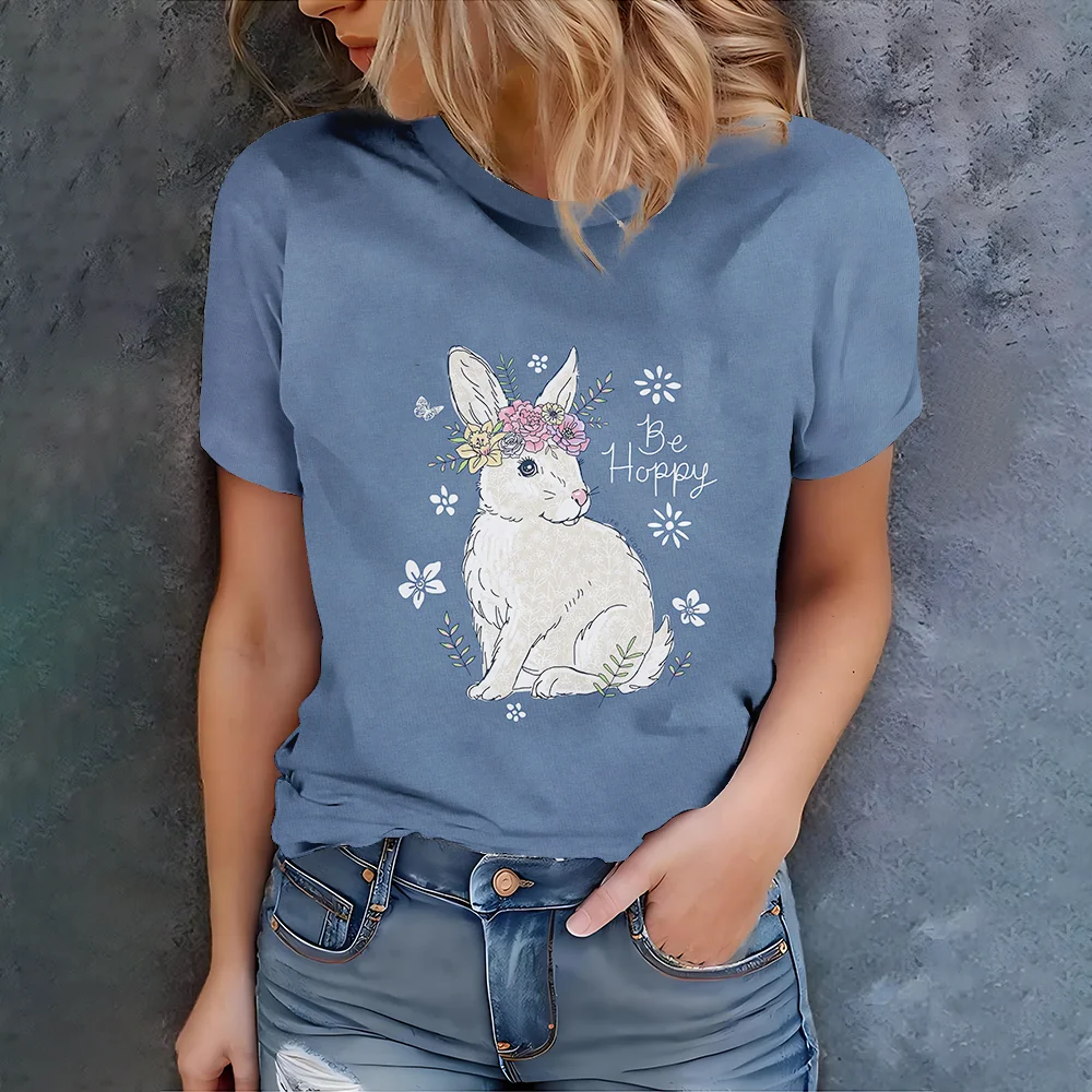 

2025 Summer Women's Casual Fashion 3D Printed Simple and Cute Rabbit Pattern Short Sleeve T-shirt for Girls Elegant T-shirt Top