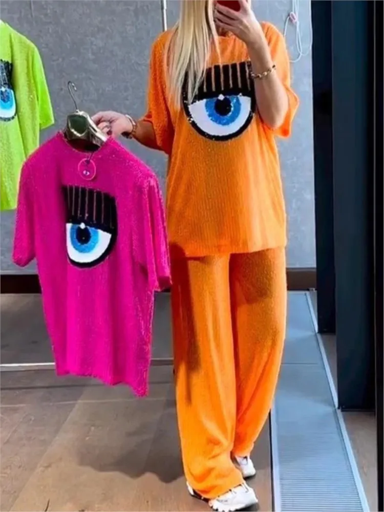 

Summer Casual Big Eyes Round Neck Loose Two Piece Sets Woman Fashion Printing Short-sleeve Top Wide-leg Pants Suit Women's Sets