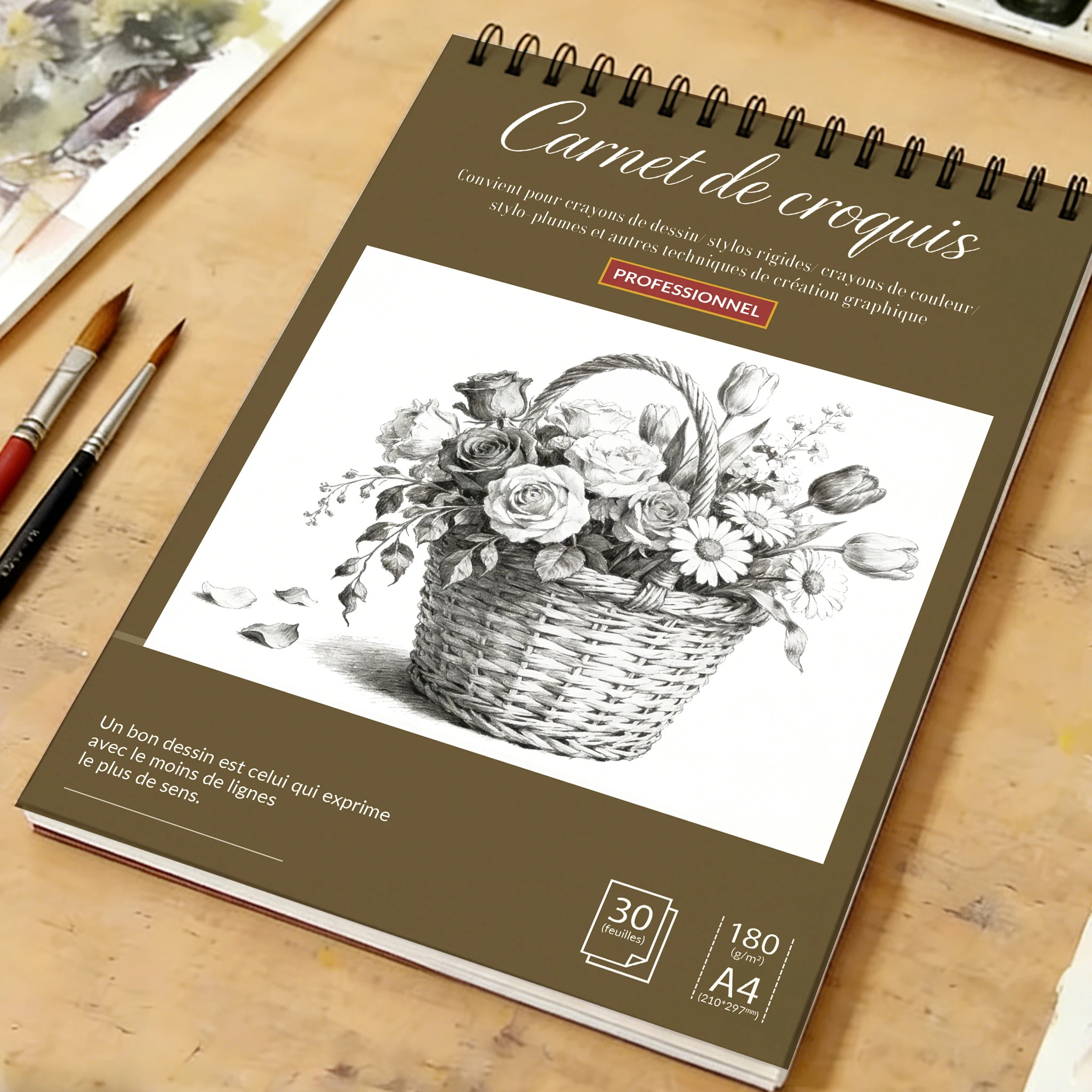 A4Spiral-Bound Art Sketchbook & Watercolor Pad, 180GSM Heavyweight Paper, 30 Sheets, Floral Basket Sketch Cover, Ideal for P