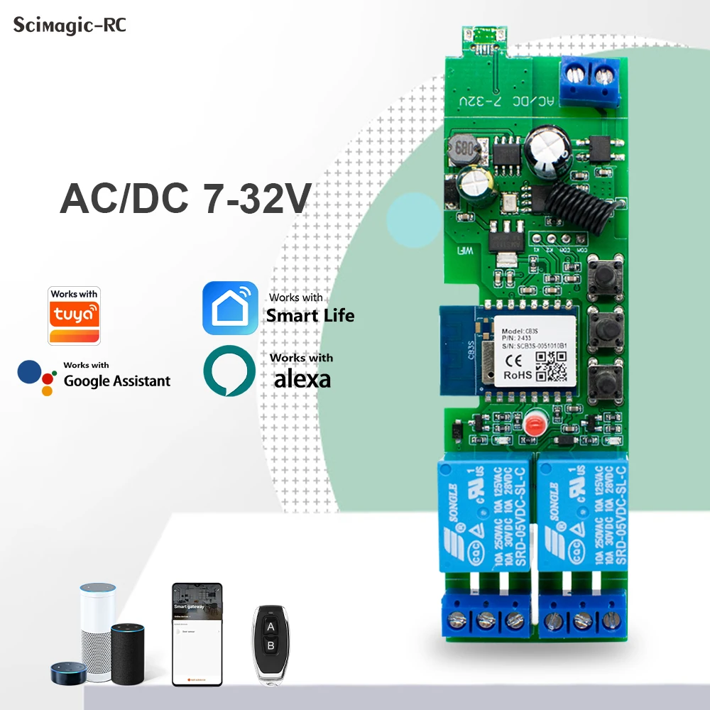 2-Kanal WLAN Fernbedienungs-Relaismodul 7-32V 85-250V 220V mit RF 433MHz Alexa Google Home Kompatibel mit Tuya