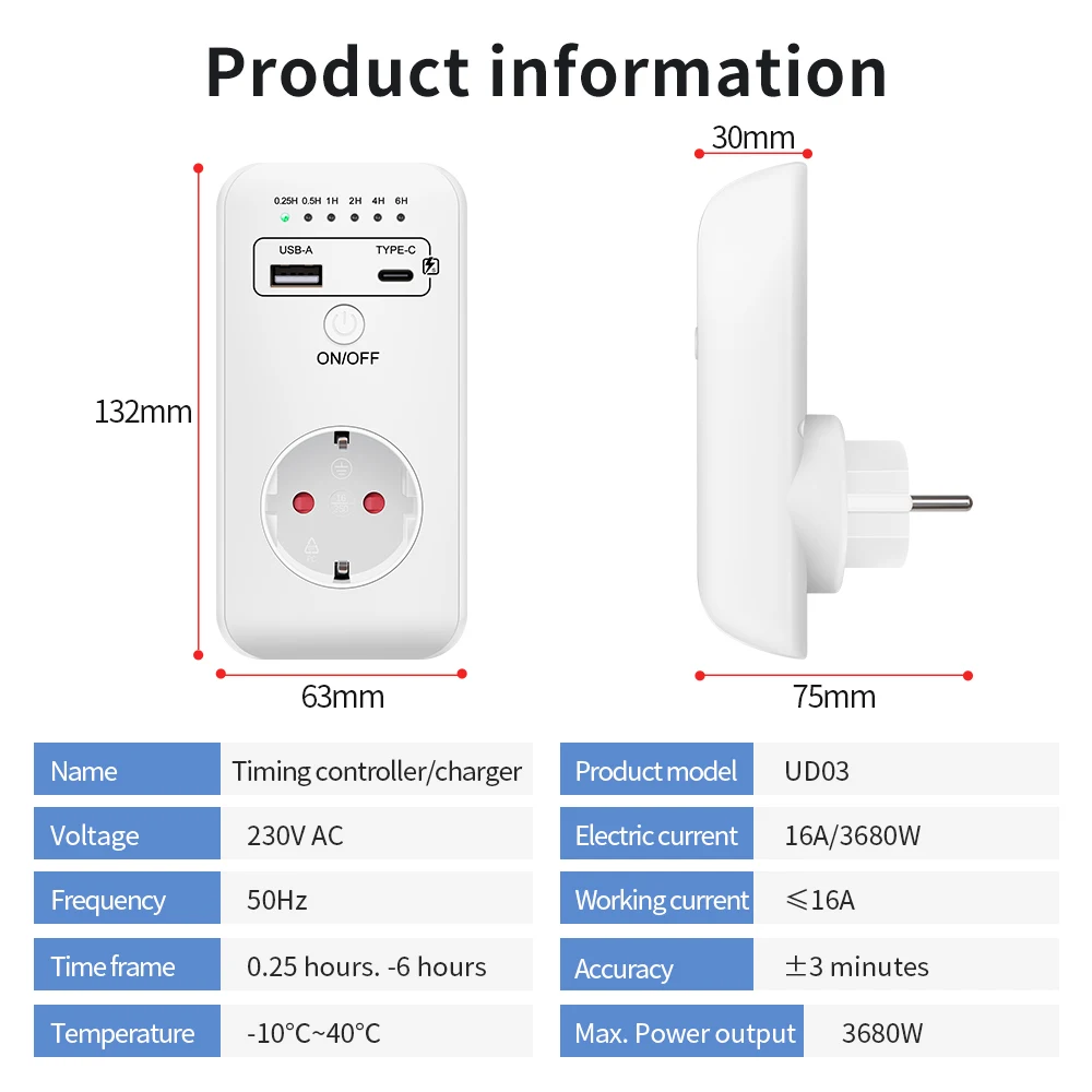 Digital Timer Switch Electronic Countdown Timing Socket EU Plug Outlet Kitchen Appliance Time Control USB Type-C Quick Charger