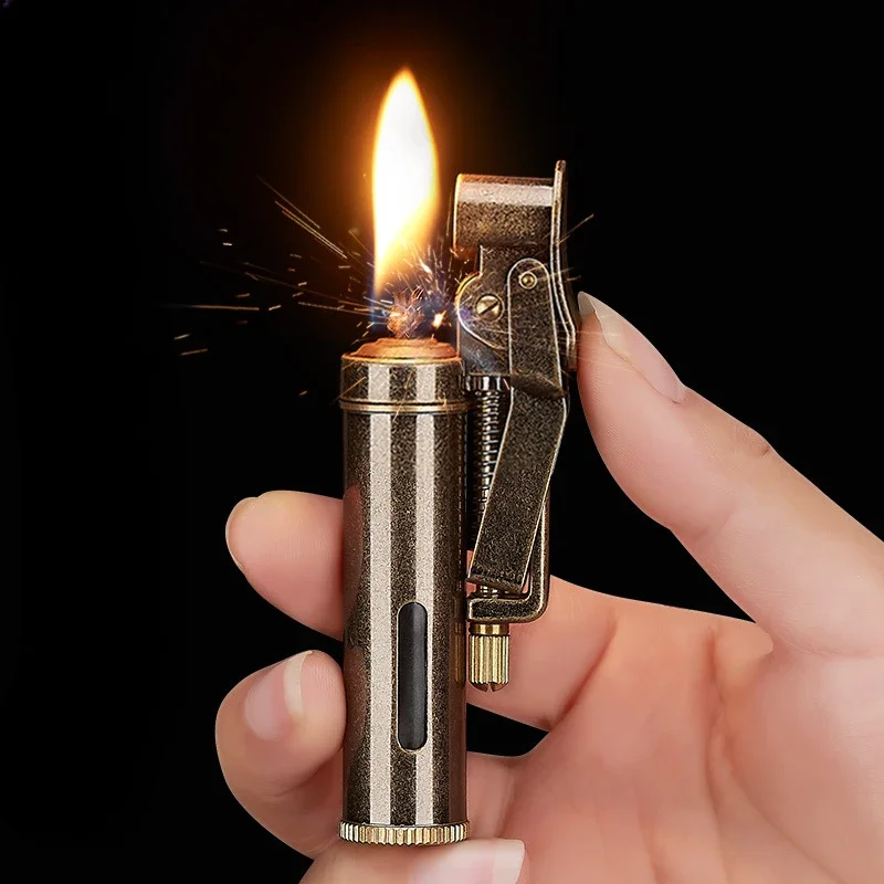 Bronze Brass Kerosene Lighter Visual Fuel Tank One-click Ignition Retro Nostalgic Grinding Wheel Lighter Men's Smoking Gift Tool