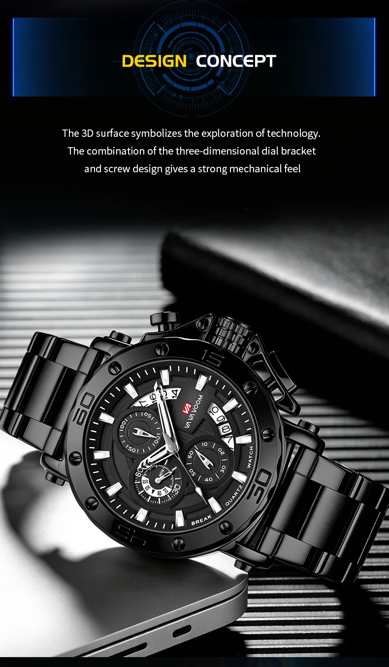 VA VA VOOM Chronograph-Uhr für Herren, Kalender, leuchtend, wasserdicht, Herrenuhr, luxuriöse Edelstahl-Quarzuhr für Herren, Reloj – Detail 7