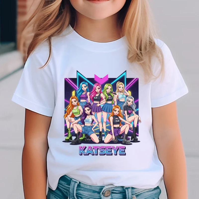 Katseye Harajuku Mode-Oberteile Jugend Mädchen Streetwear T-Shirt Kinderbekleidung KATSEYE Print T-Shirt für Kinder Lässiges Sommer-Top – Detail 2