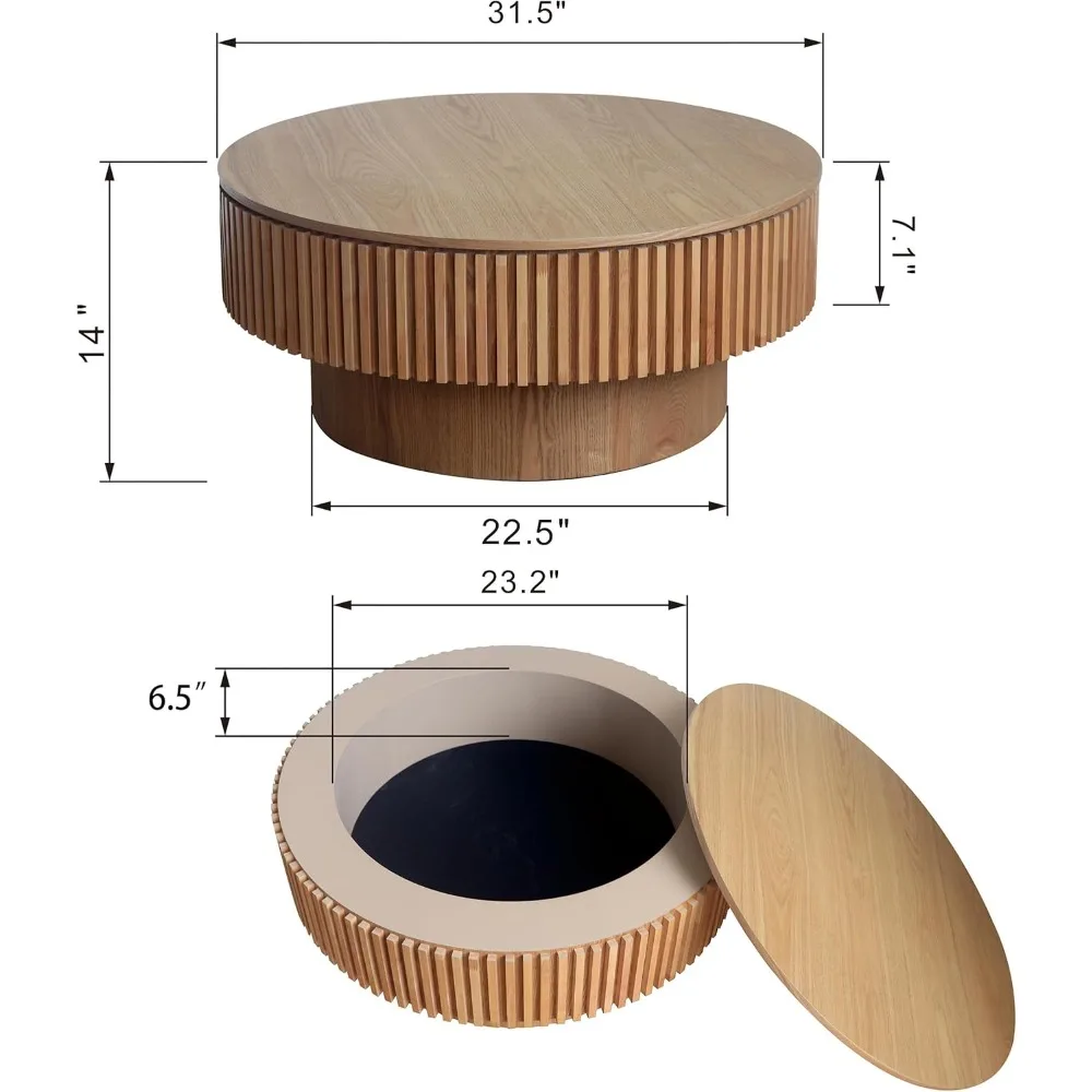 Table basse ronde avec rangement, fût plaqué en bois massif moderne, extrémité latérale circulaire, centre d'appoint pour salon, petit espace, 31.5 po