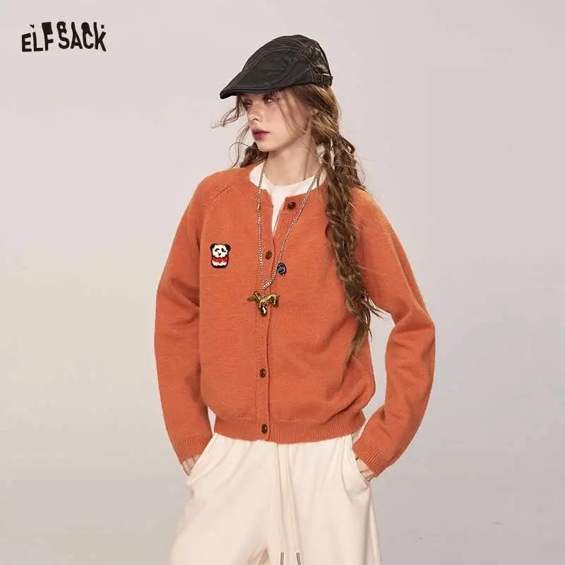 ELFSACK 2025 Winter New Arrivals Casual Solid Color Cartoon Small Embroidery Cardigan For Woman