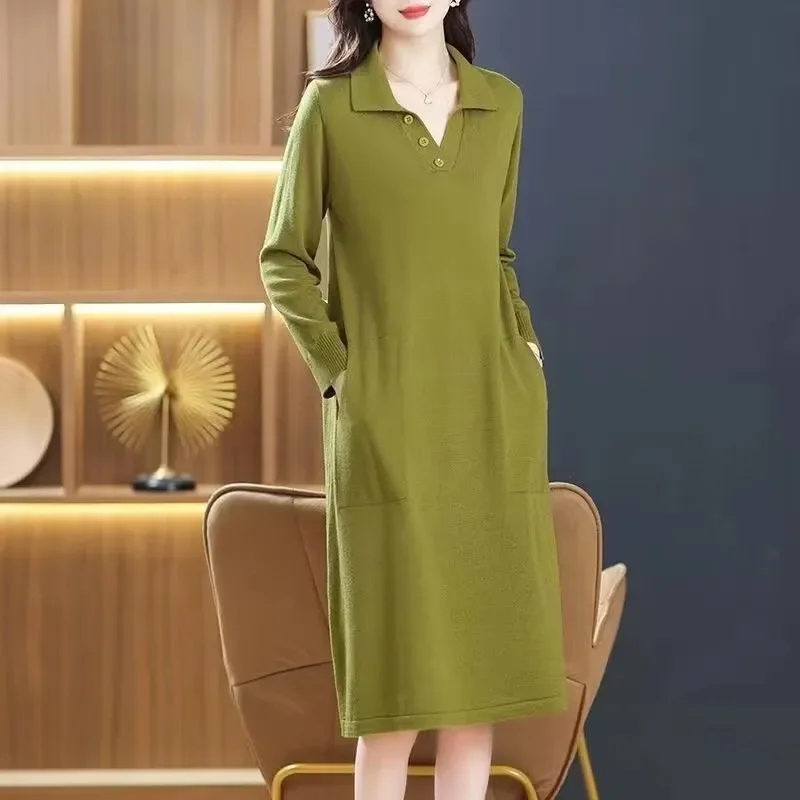Women\'s Autumn Winter Knitted Wool Dress Wool Sweater Slim High-End Knee Length Long Sleeved Straight Dress Loose Plus Size XXXL