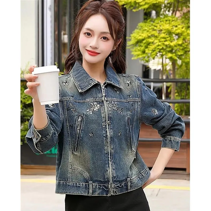 Vintage Women Clothes Spring Denim Jacket Embroidery Coat Casual Streetwear Ladies Retro Sequin Splice Short Cowboy Outwear