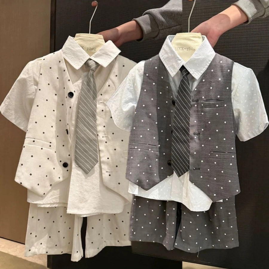 Boys Polka Dot Vest Set Shirt Shorts with Tie Gentleman Outfit for Kids Summer Wedding Party Holiday Performance Wear Costume