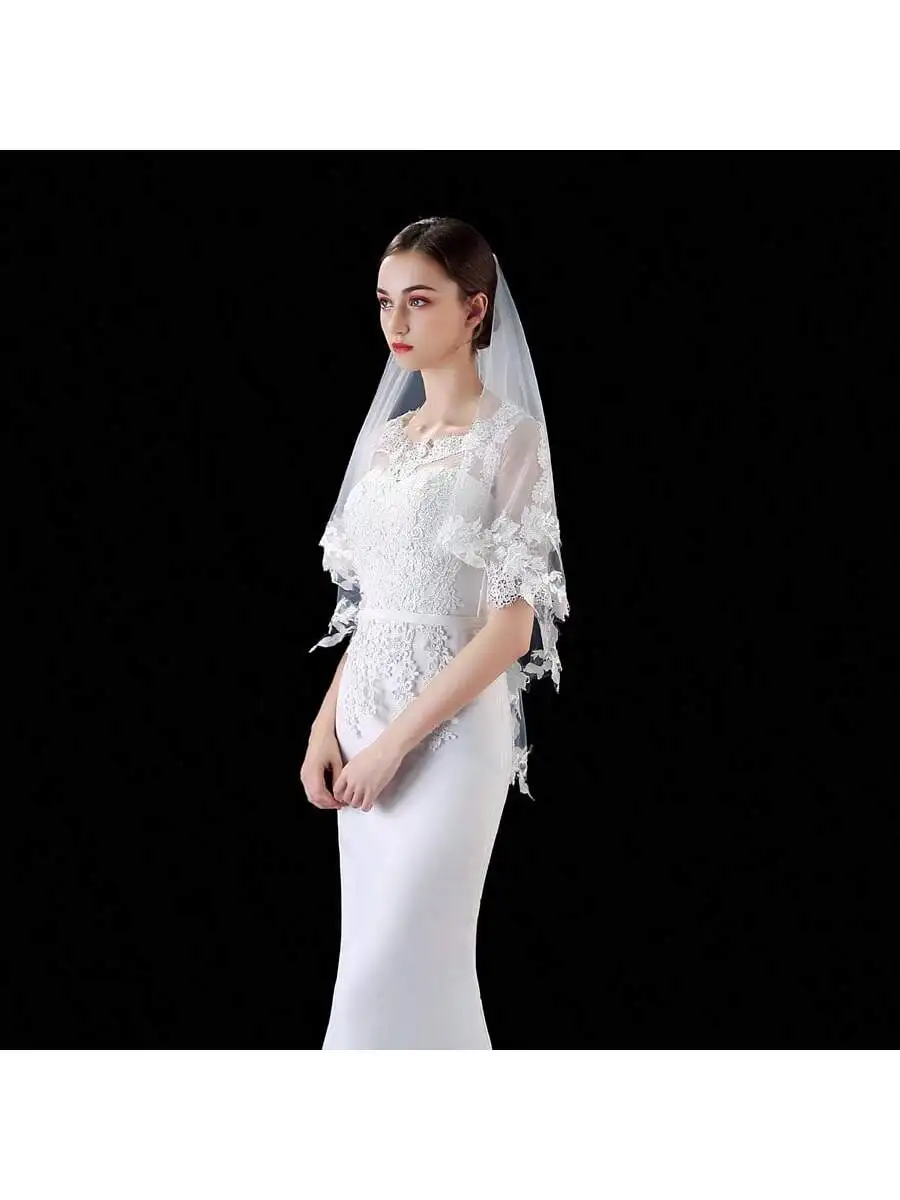 الجملة الأبيض العاجي الحجاب الزفاف القصير الدانتيل يزين طبقتين العروس الحجاب الزفاف 2025
