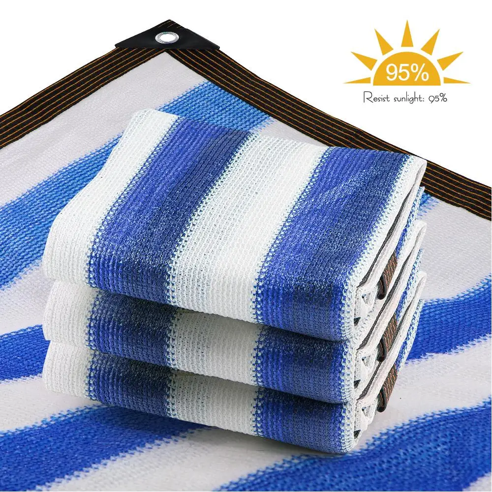 

95% Shading Rate Sunshade Net White and Blue Stripe Shade Netting with Grommet Fabric Mesh Plants Covers Garden HDPE Shade Cloth