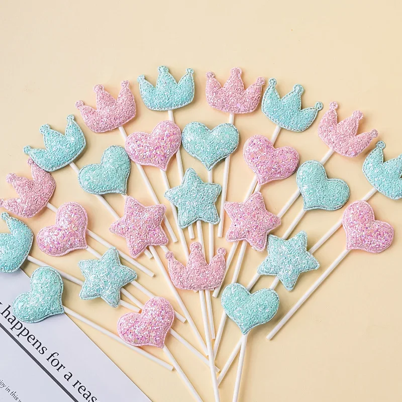 

10pcs Pink Heart Cake Topper Blue Star Crown Happy Birthday Cupcake Toppers Wedding Party Girl Baby Shower Decoration Supplies