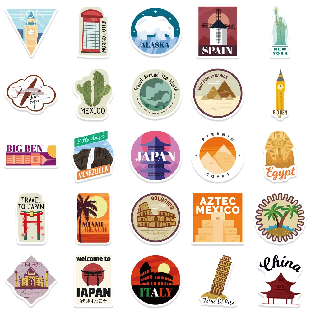 50 قطعة معالم المدينة العالمية ملصقات الكتابة على الجدران الهاتف الغيتار المحمول دفتر حقيبة كوب ملصق مضاد للمياه الشارات لعب الاطفال