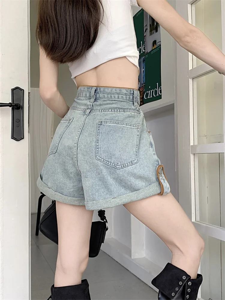 Curled Denim Women's Summer Casual High Waisted Blue Wide Leg Pants Loose Straight A-line Shorts Hot Pants