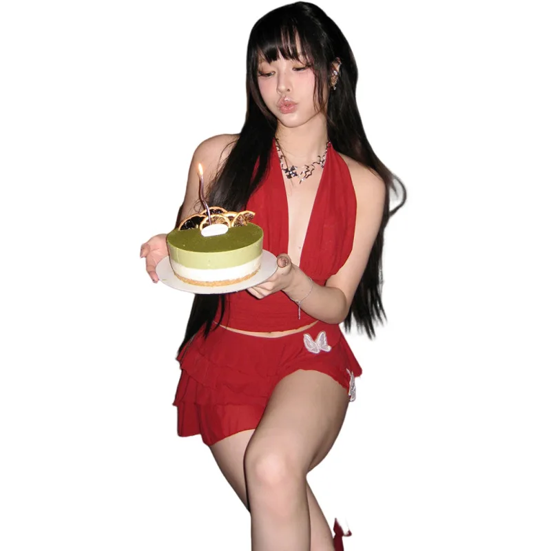 

2025 европейский и американский летний трансграничный стиль, модный повседневный топ с глубоким v-образным вырезом и высокой талией, юбка-стример, женский костюм