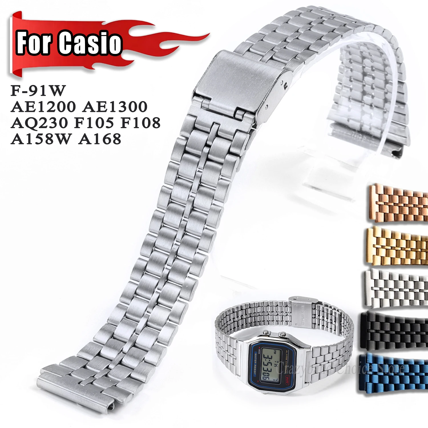 Für Casio F-91W AE1200 Edelstahl-Uhrenarmband für AE1300 AQ230 F105 F108 A158W A168 Armband 18mm Business Damen Herren Armbanduhr