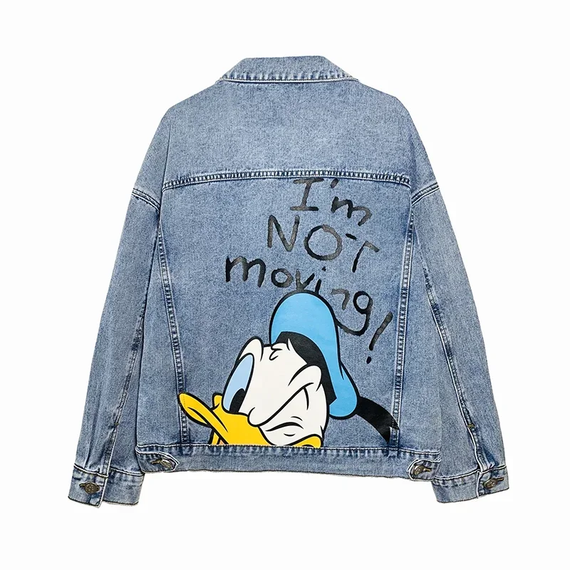 Fashionable Retro Printing Lapel Long-Sleeved Denim Jacket for Women 2023 Spring and Autumn Loose Cartoon Duck Jeans Coat Female