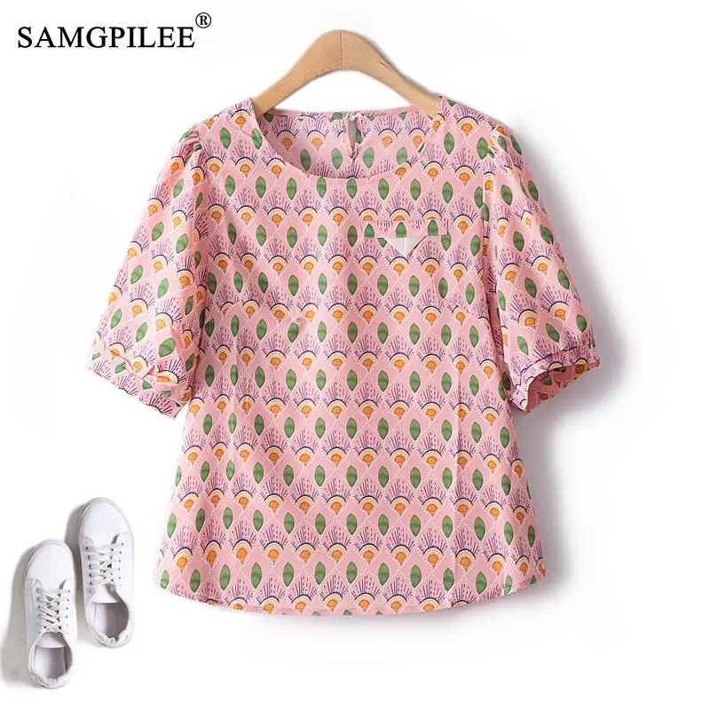 

Fashion Woman Blouse 2023 Summer New Chiffon Shirts Sweet Lantern Sleeve O Neck Feather Figure Short Sleeve Tops Women 4XL