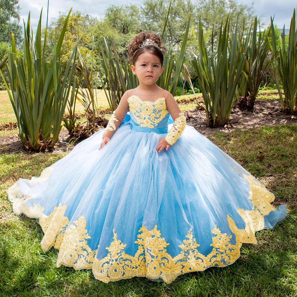 Ballkleid Hochzeit Blumen mädchen Kleider Kleinkinder mit Schleife volle Ärmel goldene Spitze Festzug Kleid funkelnde Erstkommunion Kleider