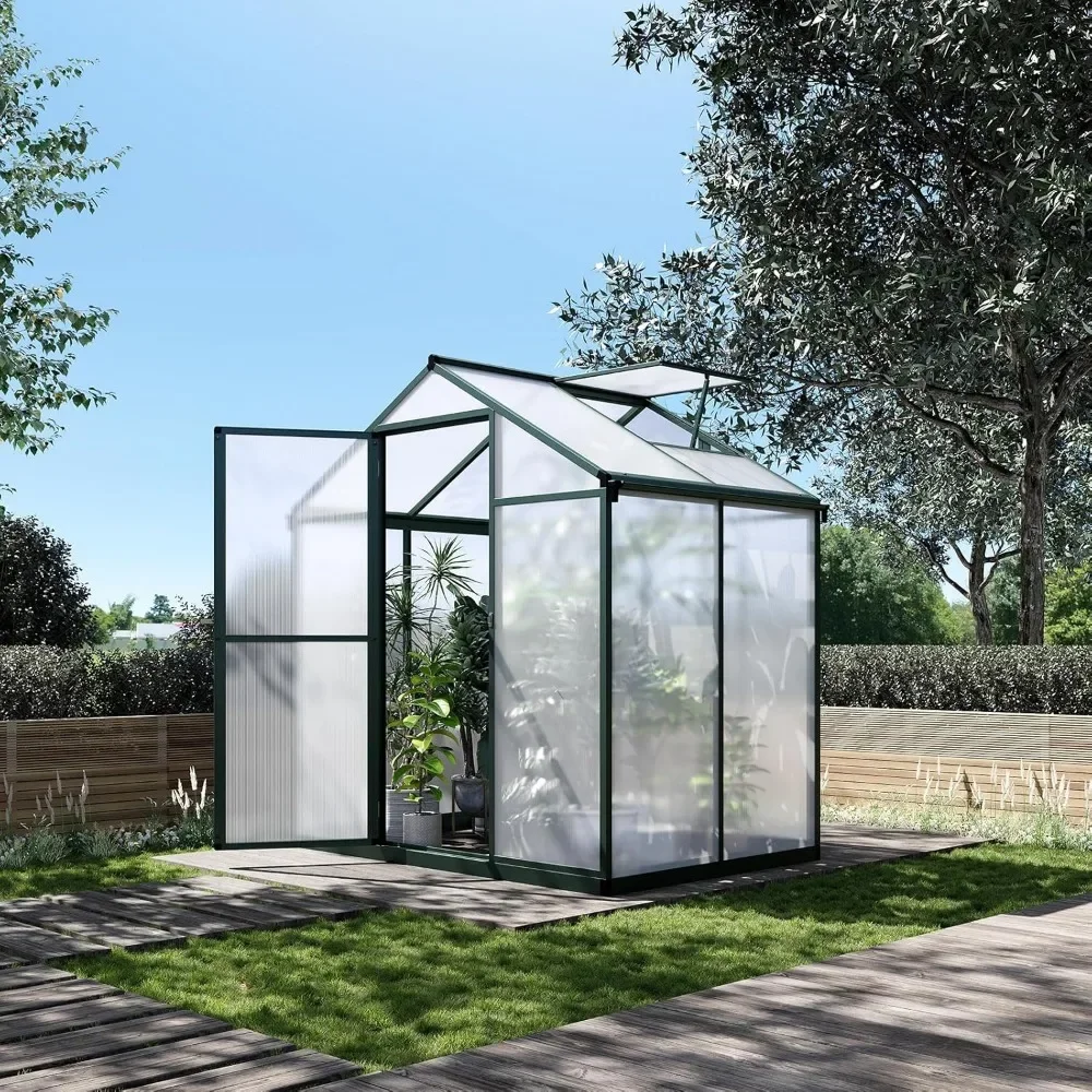 6x4 Foot Outdoor Polycarbonate Greenhouse, Aluminum Large Walk-in Greenhouse with Quick Installation Structure and Roof Vent