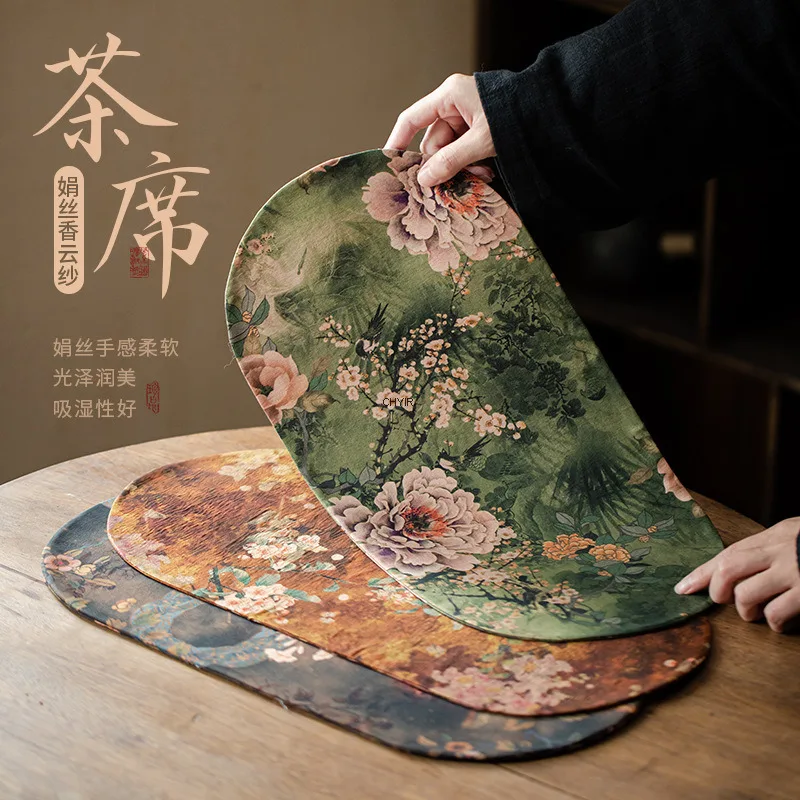 Double-sided Silk Fragrant Cloud Yarn Tea Mat Chinese Style Tea Table Heat Insulation Waterproof Mat Chinese Zen Dry Foam Mat
