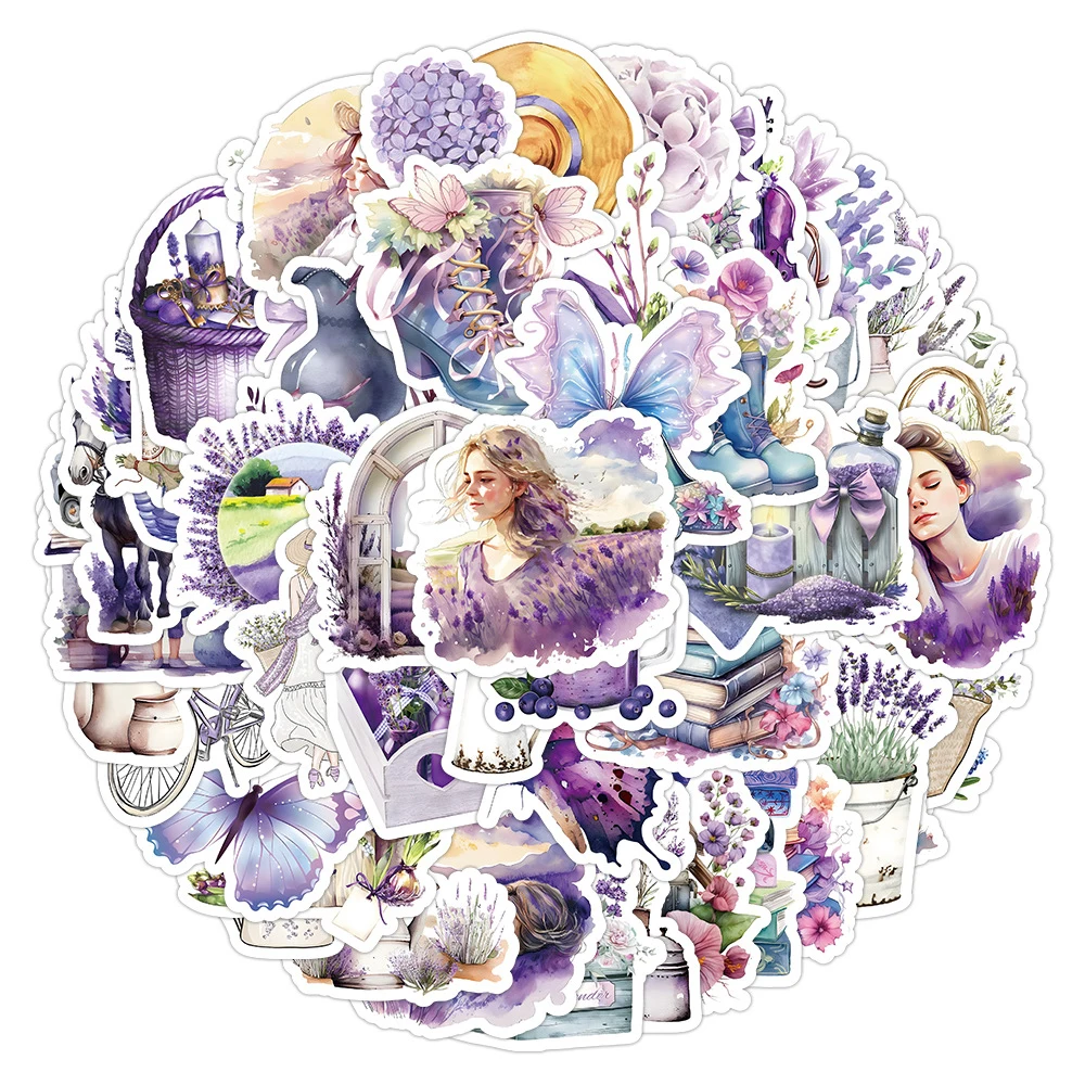 

10/30/60pcs Lavender Flower Girl Cartoon Stickers Aesthetic Decals DY Laptop Suitcase Notebook Diary Decoration Sticker Kids Toy