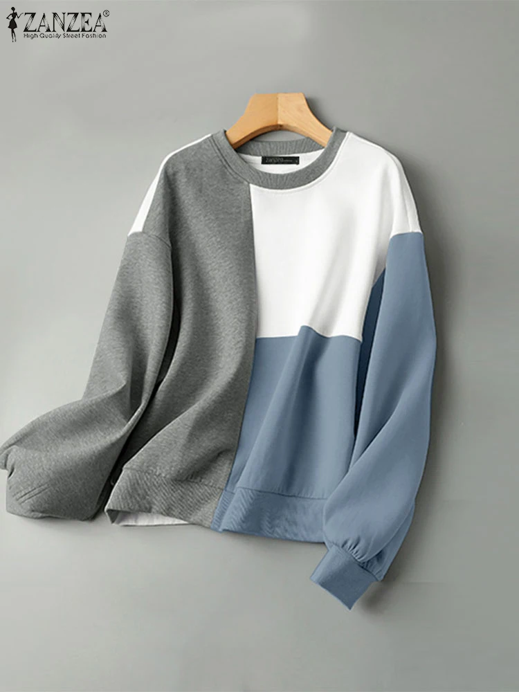 

ZANZEA Long Sleeve Women Pullover Tops Korean Style Color Block Loose Casual 2024 Fall Hoodies Drop-shoulder O Neck Sweatshirts