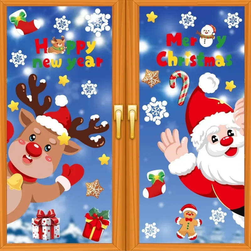 2024 Christmas Decorative Glass Window Stickers Santa Claus Snowman Elk Scene Layout Electrostatic Wall Sticker Happy New Year