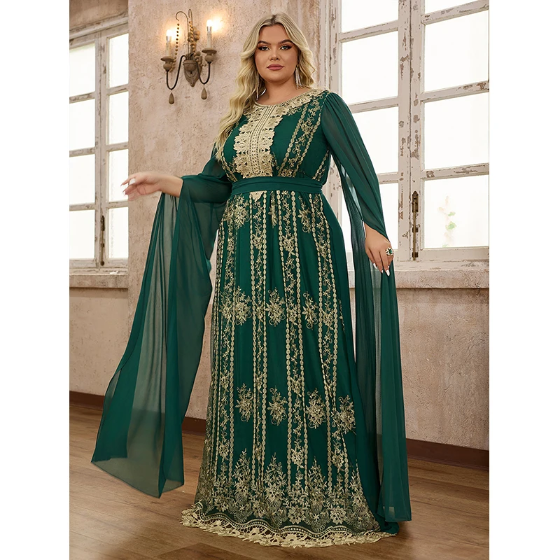 Women 2024 Elegant Muslim Abaya Embroidery Chiffon Islamic Turkey Dubai Kaftan Green Long sleeve Party Maxi Dresses 4XL