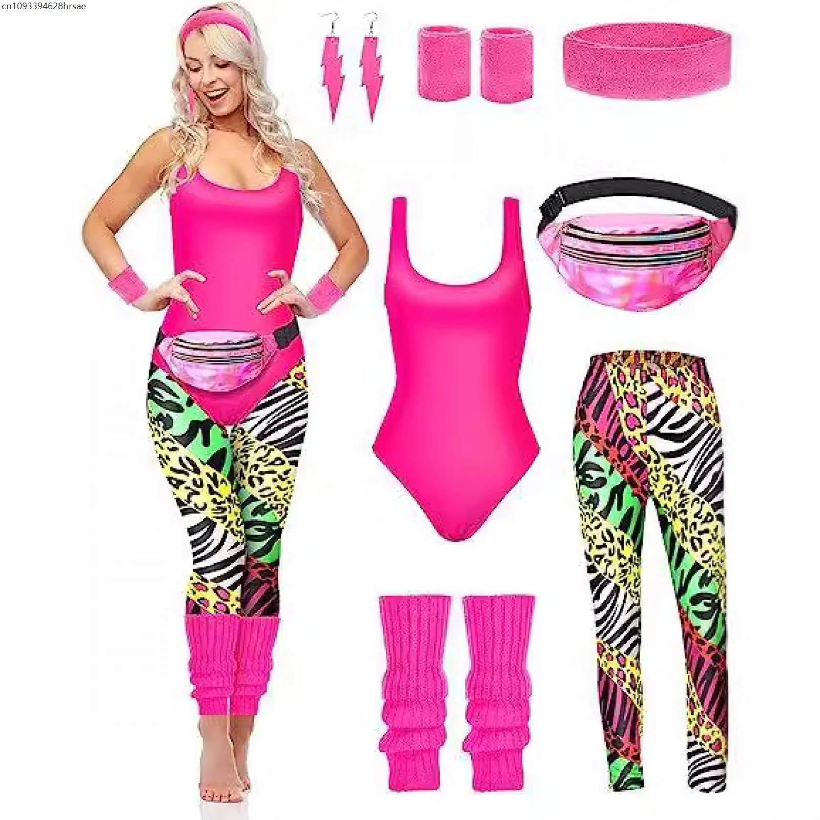

7 Pcs 80s Fancy Workout Costume 80s Accessories Set 80s 90s Leotard Legging Headband Wristbands Leg Warmers Earrings Fanny Pack