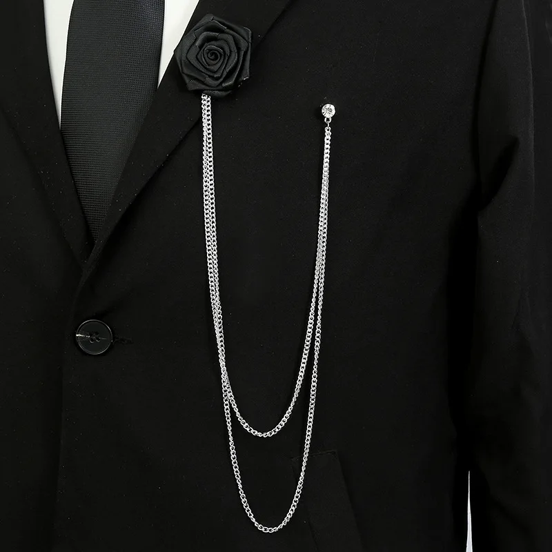 AliExpress Hot Selling Men's Suit Brooch Pin Brooch, Long Chain Simple Fabric Flower Accessories Trendy Accessories