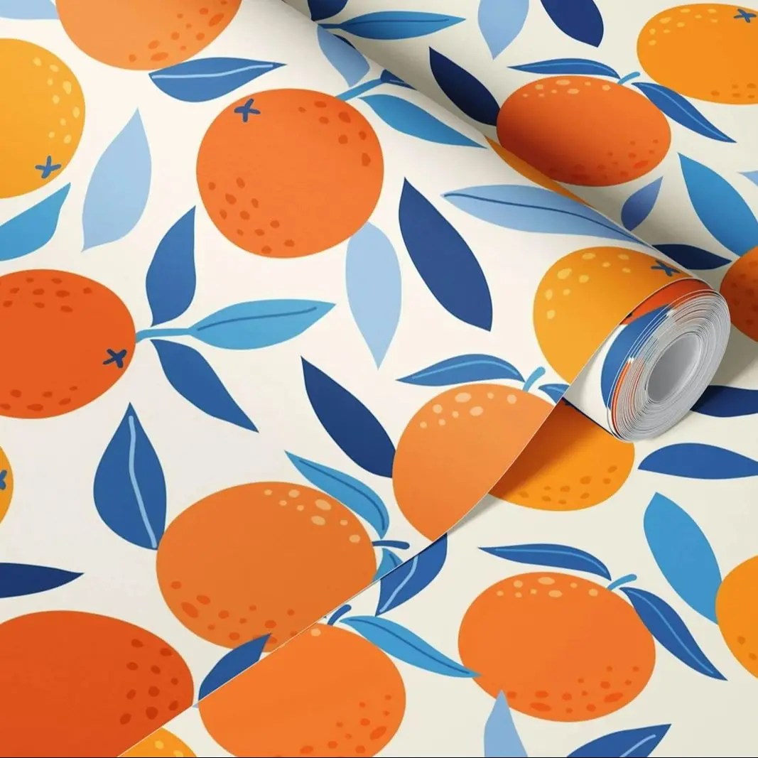 Oranges Tropical Wallpaper,Bright Oranges And Soft Blues Spread Summer Wallpaper For Luxury Room,Peel And Stick Wallpaper,50*300