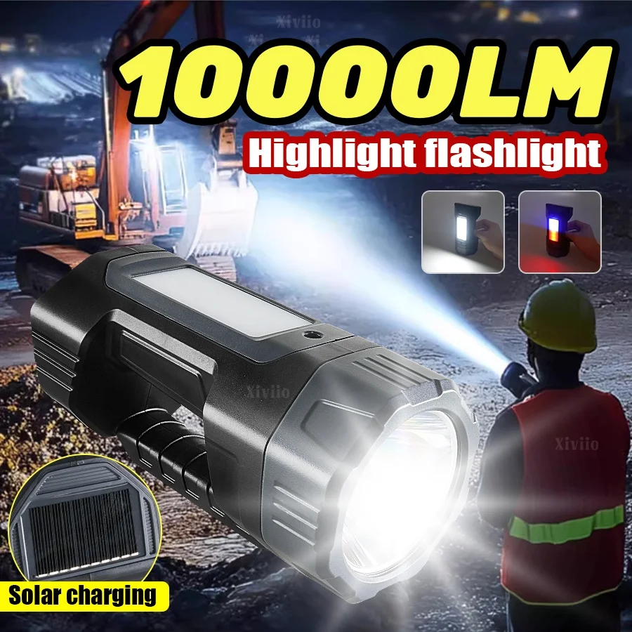 

10000LM Супер яркий светодиодный фонарик Sunshine/Type-C с двойной зарядкой, уличный фонарь для кемпинга с COB, черный солнечный рабочий фонарь высокой мощности