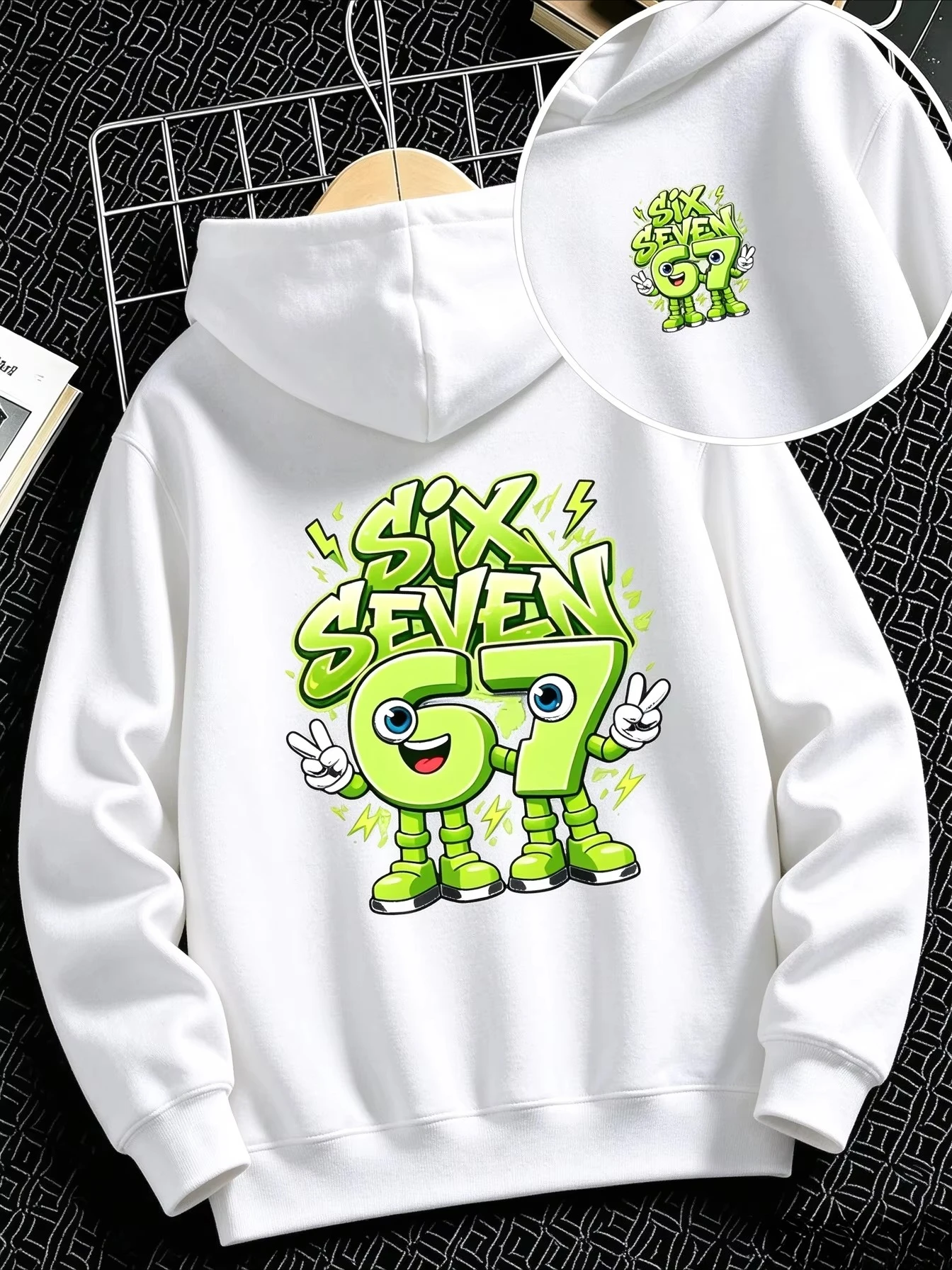 Kids Cartoon Monster Number 67 Graphic Printed Hoodie Boys Girls Green Letter Sweatshirt Loose Hooded Jumper Autumn Clothes