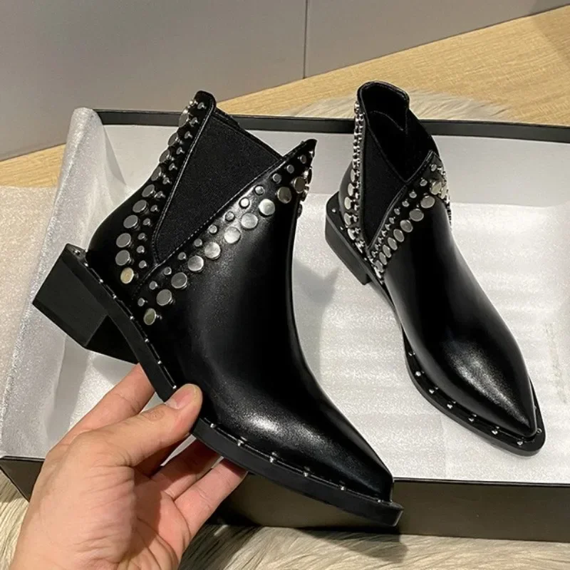 2024 New Womens Ankle Boots Sexy Pointed Toe Punk Style Rivet-decorated Women\'s Knight Boots Winter Warm and Fashion Short Boots