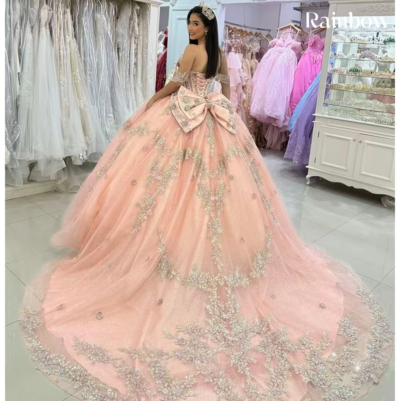 

High Quality Quinceneara Dress Embroidered Lace On Net With Sequins Princess Ballgown Off The Shoulder Customized Birthday Party