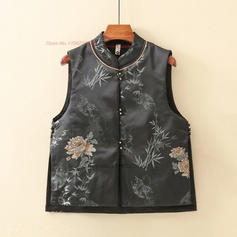 

2025 traditional flower print cotton-padded vest chinese vintage hanfu tops retro sleeveless jacket oriental thicken folk vest