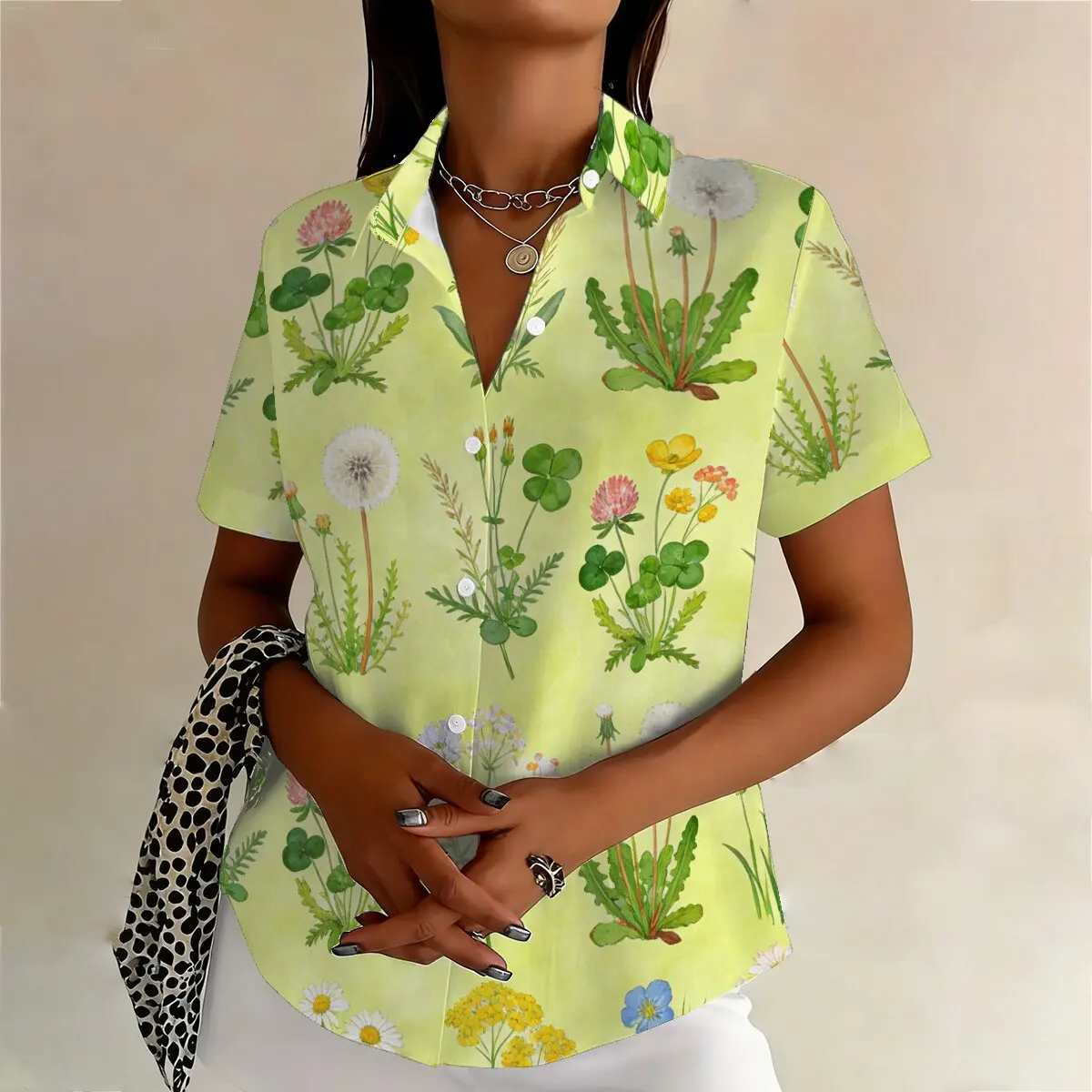 Women's Plus Size Summer Lapel Shirt with Fresh Forest Herbal Floral Print, Natural & Artistic, Ideal for Campus, Work & Casual view 2