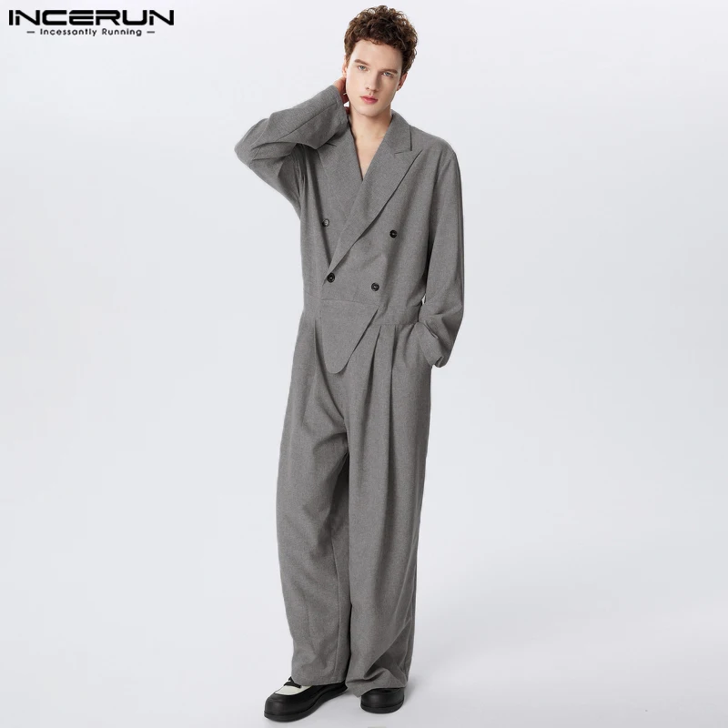 INCERUN Men Jumpsuits Solid Color Lapel Long Sleeve Double Breasted Rompers Men Streetwear 2024 Loose Fashion Casual Overalls