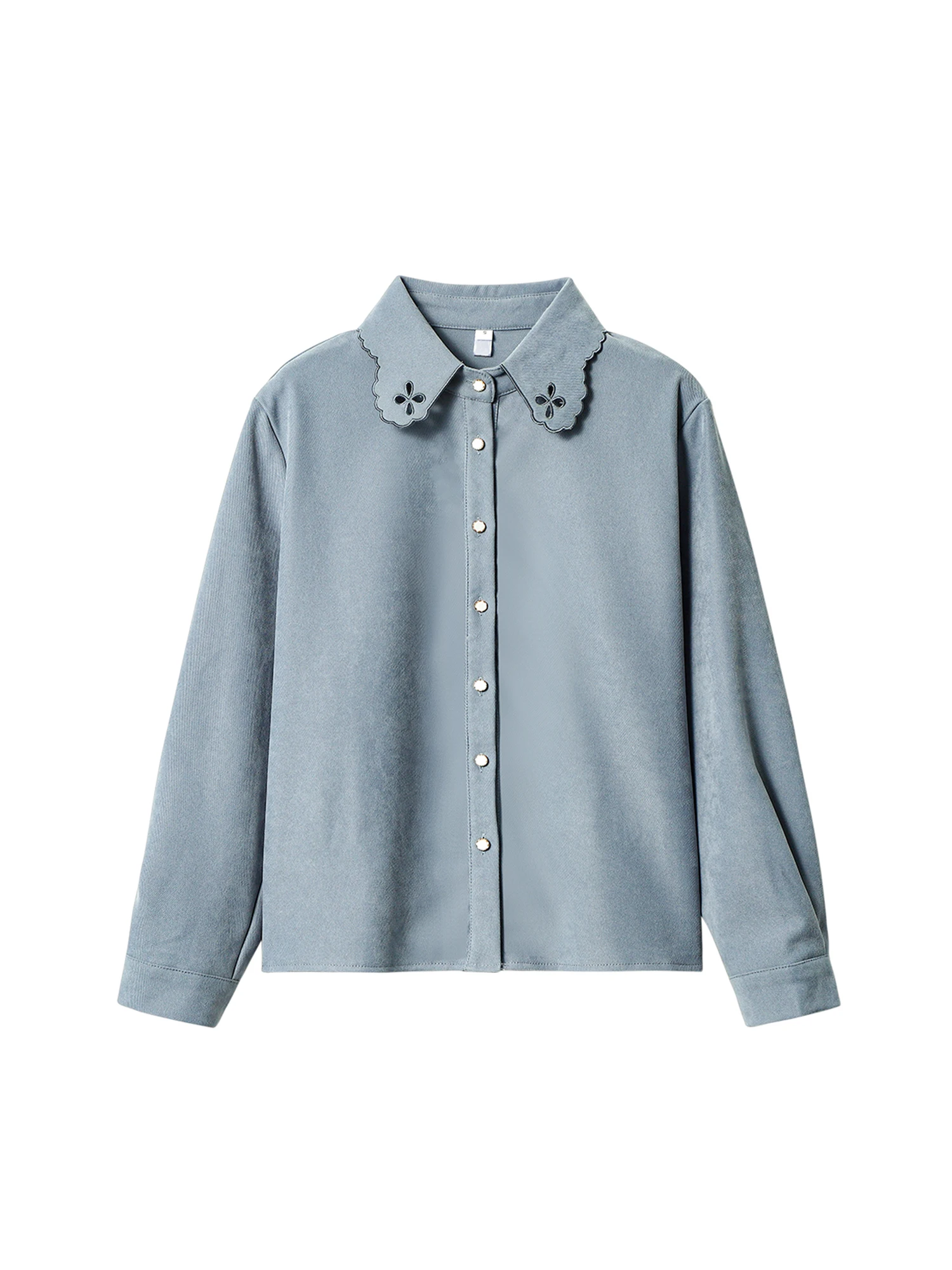 

Women Blue Corduroy Embroidery Shirts Blouses Y2k Vintage 2000s Aesthetic Elegant Long Sleeve Hollow Shirt Clothes Autumn Spring